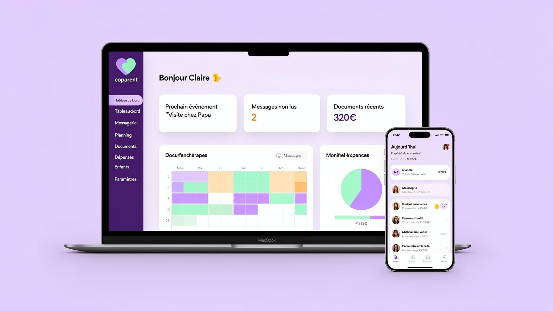 Aperçu de l'application coparent sur ordinateur portable et iPhone